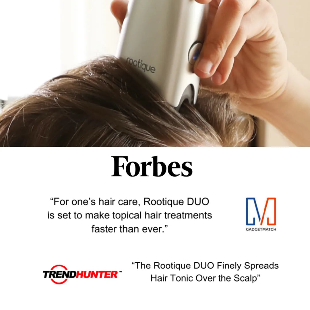 Media feature collage of Rootique DUO scalp applicator featured on Forbes and TrendHunter