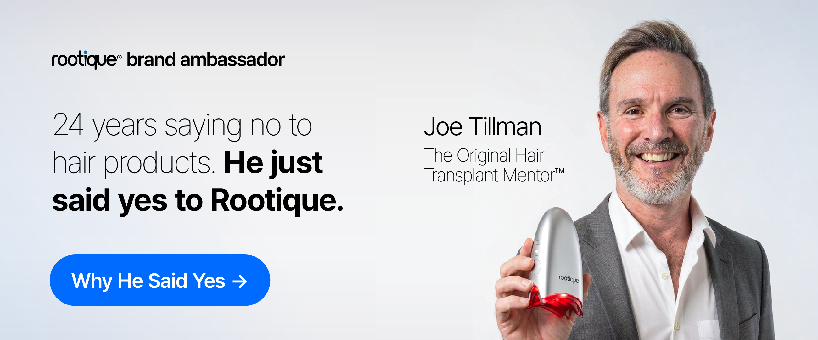 Joe Tillman, The Original Hair Transplant Mentor, holding the Rootique Duo micro-mist scalp applicator