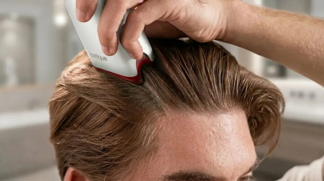 Man applying scalp serum with Rootique DUO red light applicator at bathroom