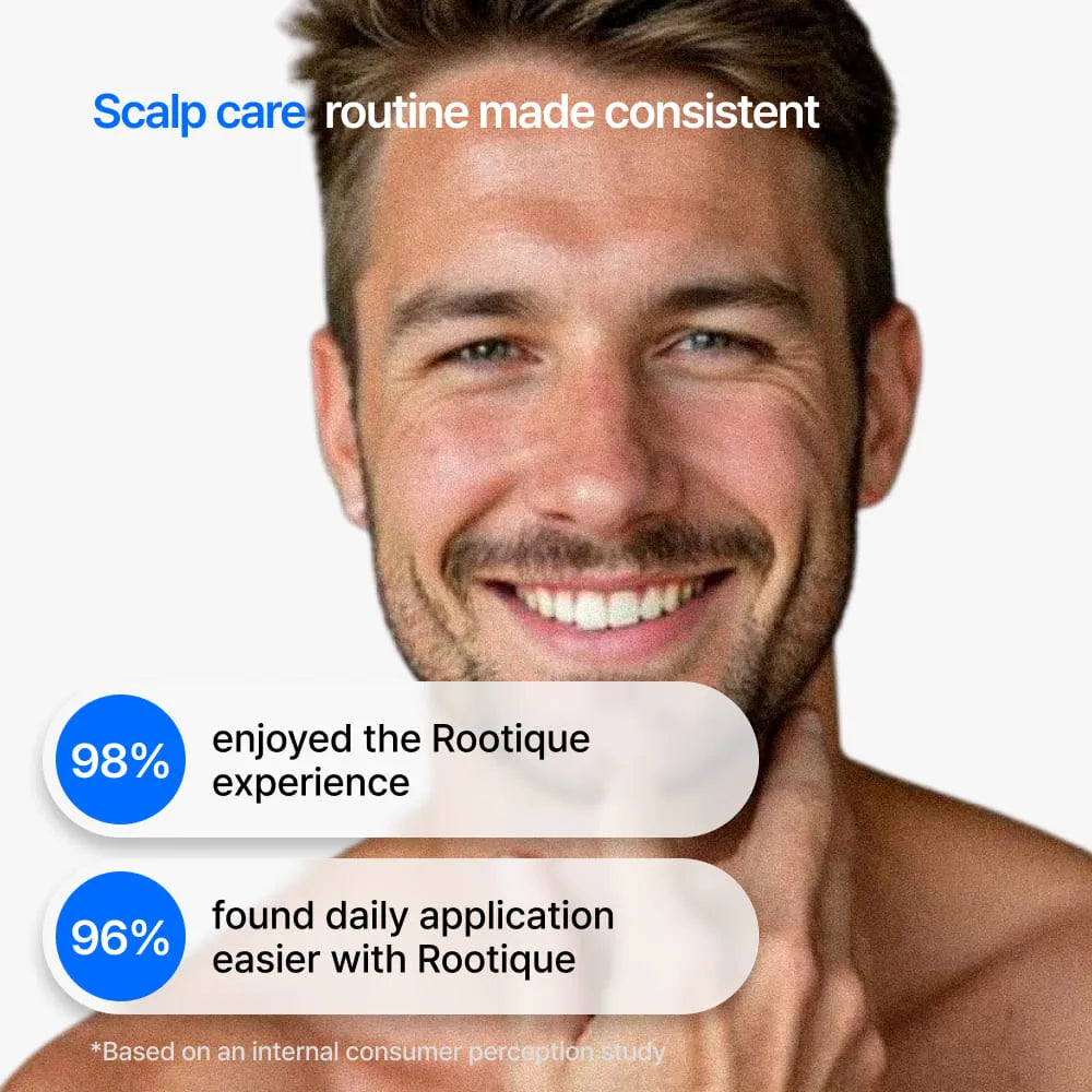 Man with a happy expression, showingscalp care product satisfaction rates.
